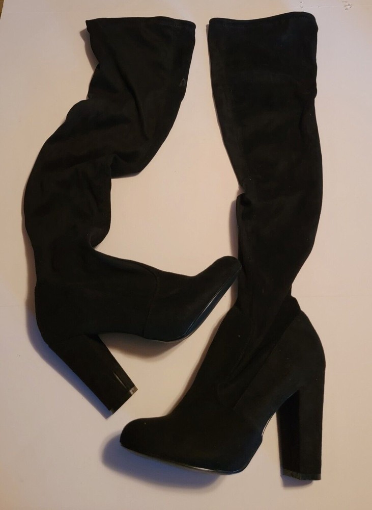 Olivia Jaymes Thigh High Boots Chunky Heels Suede Platform Boots Black Size 7.5